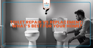 Man deciding between two toilets, text: "Toilet Repair vs Replacement: What’s Best for Your Home?"