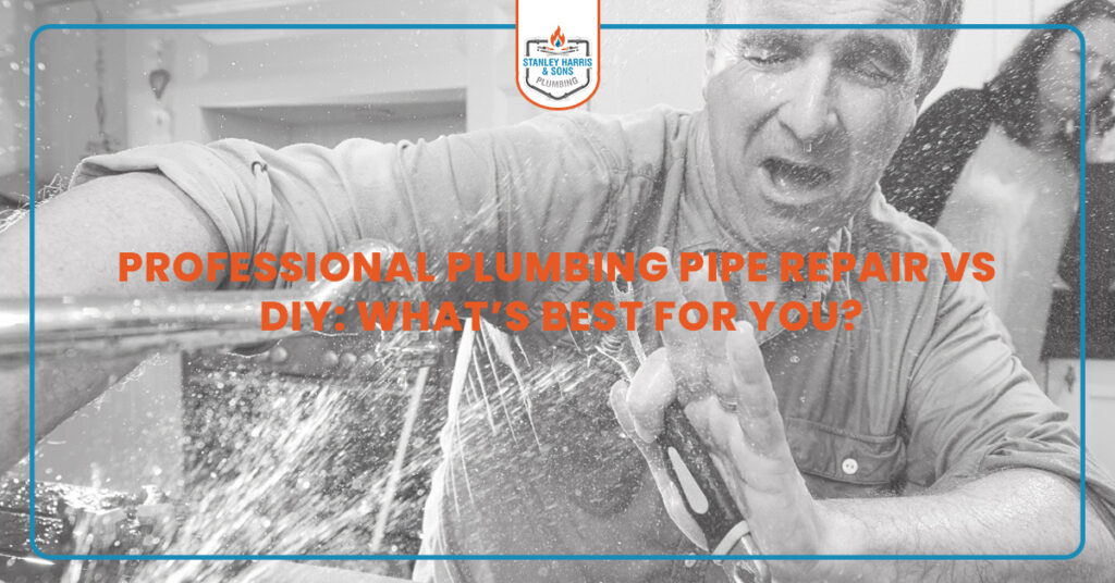 Man struggling with burst plumbing pipe spraying water – professional plumbing pipe repair vs DIY decision concept