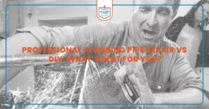 Man struggling with burst plumbing pipe spraying water – professional plumbing pipe repair vs DIY decision concept