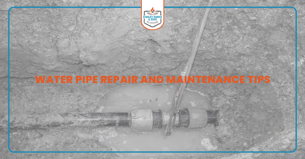 Underground water pipe repair in progress with tools and muddy trench.